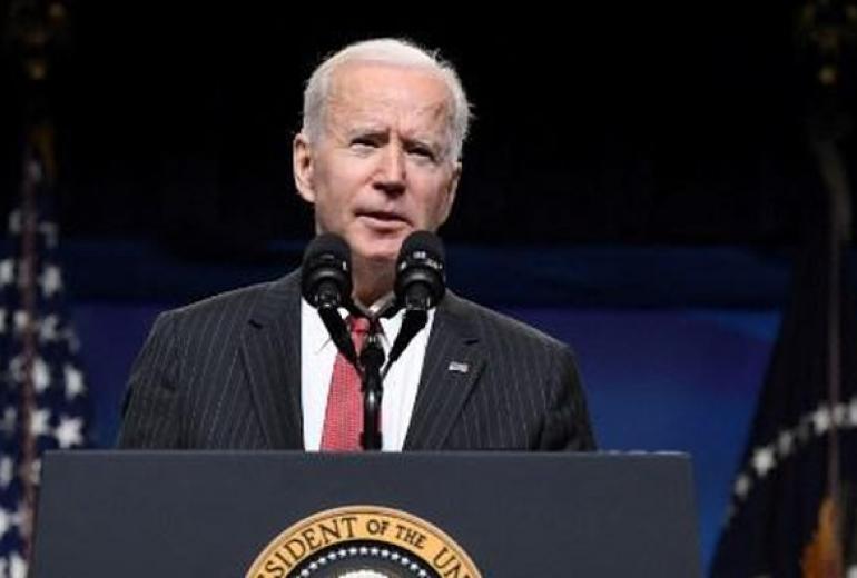 US President Joe Biden speaks about the situation in Myanmar in the South Court Auditorium of the Eisenhower Executive Office Building in Washington, DC, on February 10, 2021. (AFP)