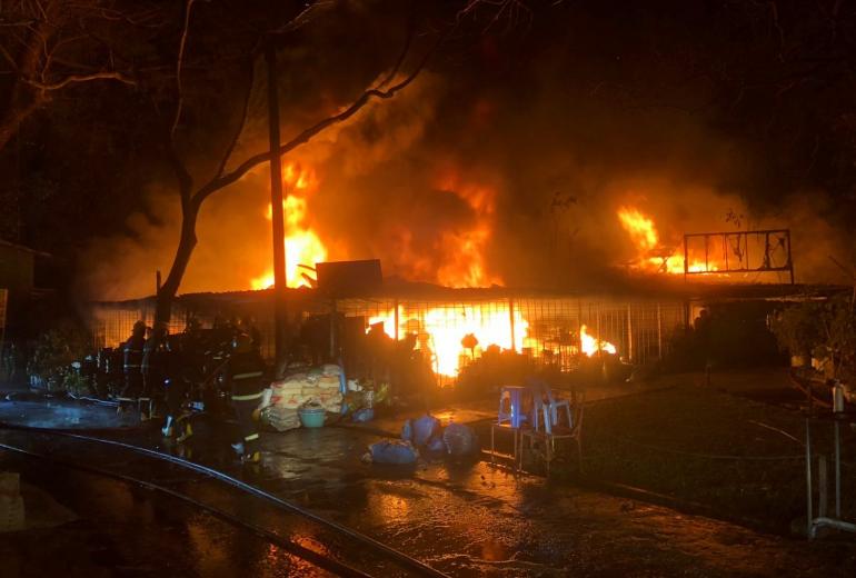 A fire at Myay Pade Thar Island in Kandawgyi Park on January 14. (Myanmar Fire Services Department)