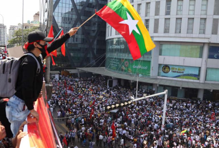 Protesters take part in a demonstration against the military coup in Yangon. (AFP)