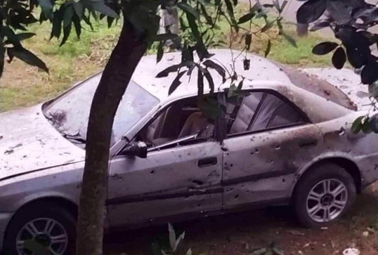 A photo shared on social media purportedly showing a car riddled with bullet holes near the Myanmar army academy in Pyin Oo Lwin. (Lin Thurein)