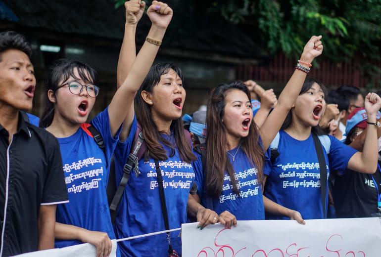 Demonstrators at an anti-war and free speech protest in Kachin capital Myitkyina. (Athan / Facebook) 