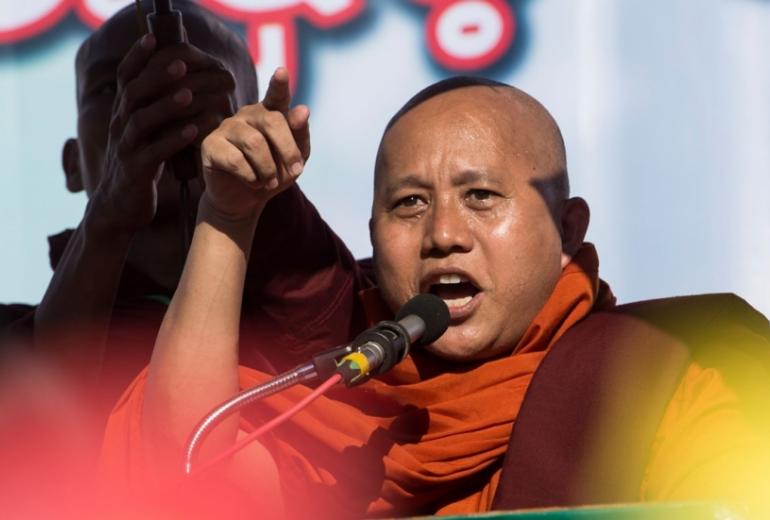 Buddhist monk Wirathu speaks during a rally to show the support to the Myanmar military in Yangon on October 14, (Ye Aung Thu / AFP)
