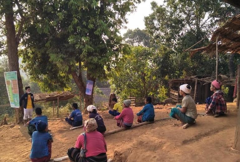 Community-based organisations raise awareness of Covid-19 in rural areas of Karen state. (Matthew Walsh / Twitter)