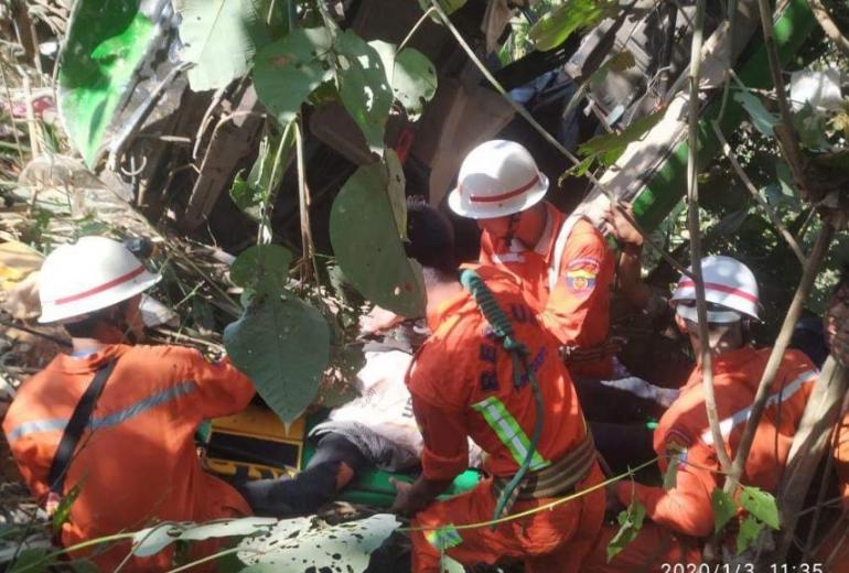 The scene of the accident near the Myanmar-Thai border. (Myanmar Fire Services Department)