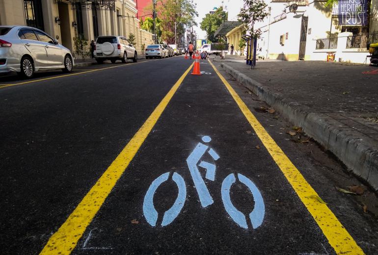 The stretch for cyclists and trishaws on lower Seikkantha Street. (Yangon Heritage Trust)