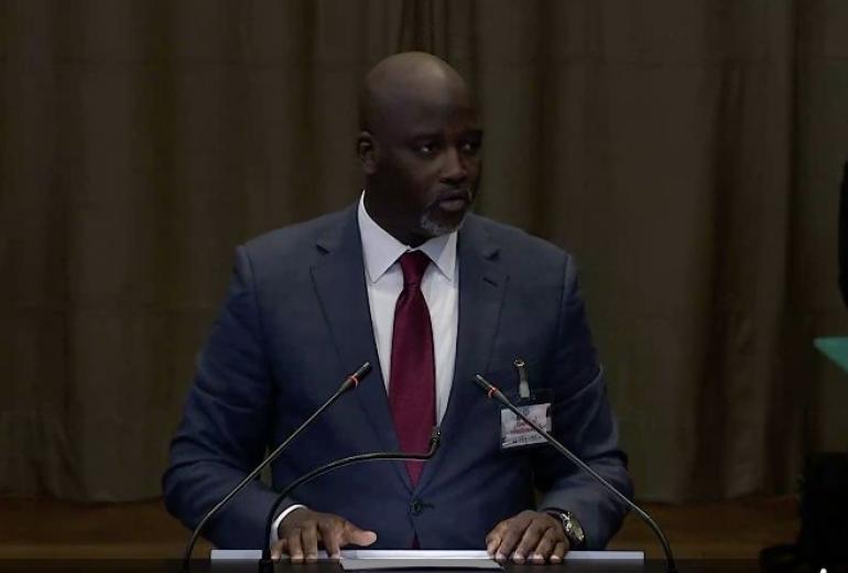 Gambian Justice Minister Abubacarr Tambadou addresses the International Court of Justice in The Hague.