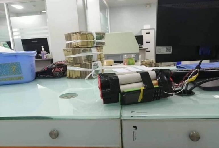 A photo purportedly showing the fake bomb used by the robbers at the CB Bank branch. (Kyaw Swar Myint / Facebook)