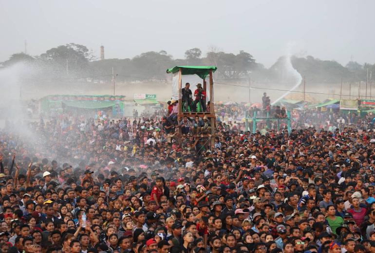 People gather for a music performance at the 'Chindwin Thingyan'—a Burmese New Year celebration in Sagaing region's Monywa in April, 2019. (Facebook / Chindwin Thingyan)