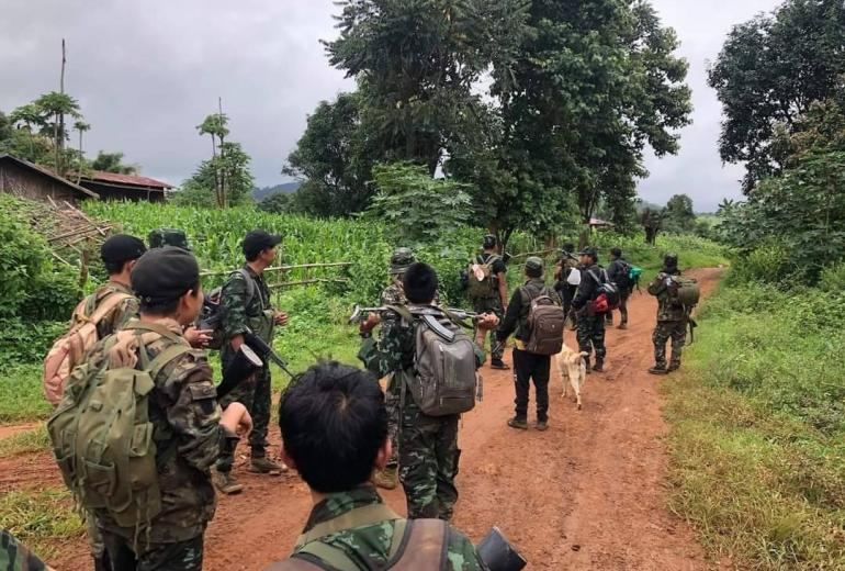 Fighters from the Karenni National Defence Force, a network of civilian resistance fighters, Karenni organisations and armed groups in Kayah State. (KNDF / Kantarawaddy Times)