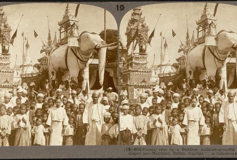 The funeral procession for a senior Buddhist monk at Mandalay circa 1900. (Underwood & Underwood)