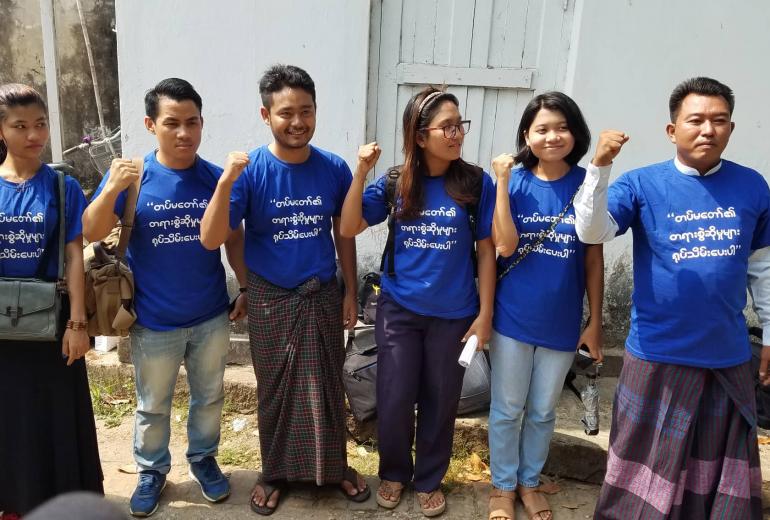 Activists outside Bahan township court in Yangon. (Sithu Aung)