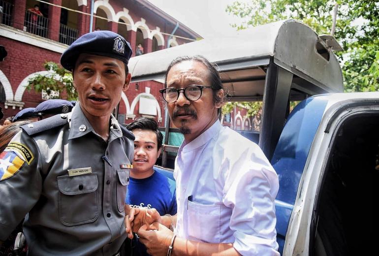 Min Htin Ko Ko Gyi arrives at Insein township court. (Bo Thet Htun / Pyae Shine Ko)