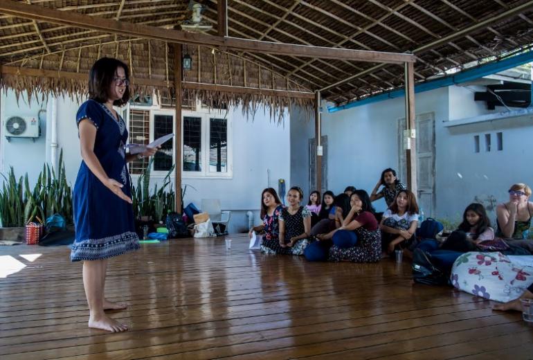 A performer rehearses for Myanmar’s first ever Burmese-language “Vagina Monologues” feminist play in Yangon. (Sai Aung / AFP)