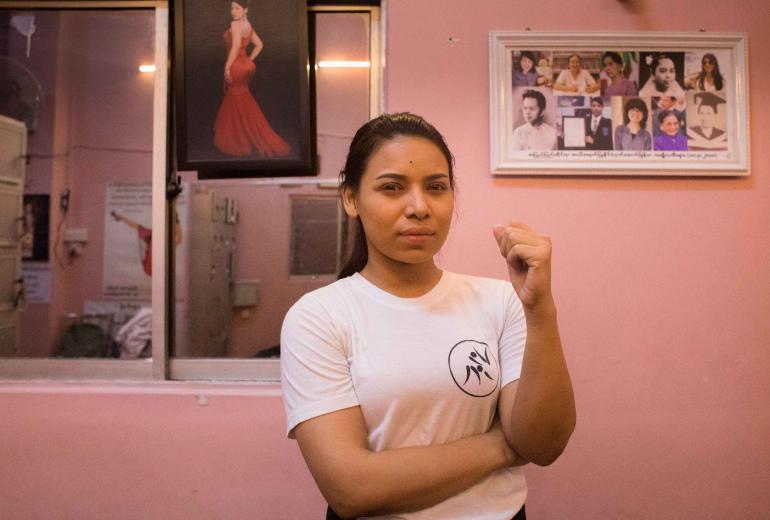Khin Cham Myae Thu at her Yangon centre called Body Art, where she gives free self defence classes. (Shwe Wutt Hmon)
