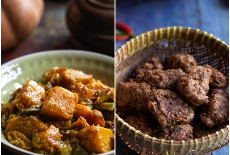 Pumpkin curry and bean fritters—two dishes from “Mandalay: Recipes & Tales from a Burmese Kitchen." (Cristian Barnett)