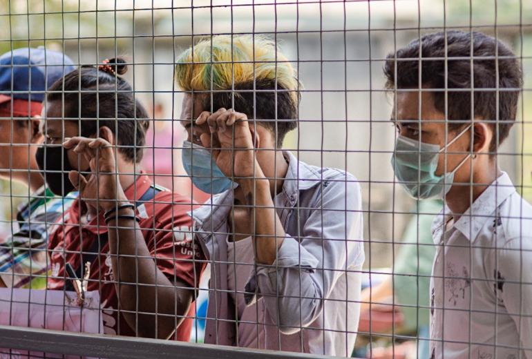 Factory workers in Yangon's Dagon Seikkan are protesting for paid leave amid the coronavirus pandemic. (Faeez Safedien)