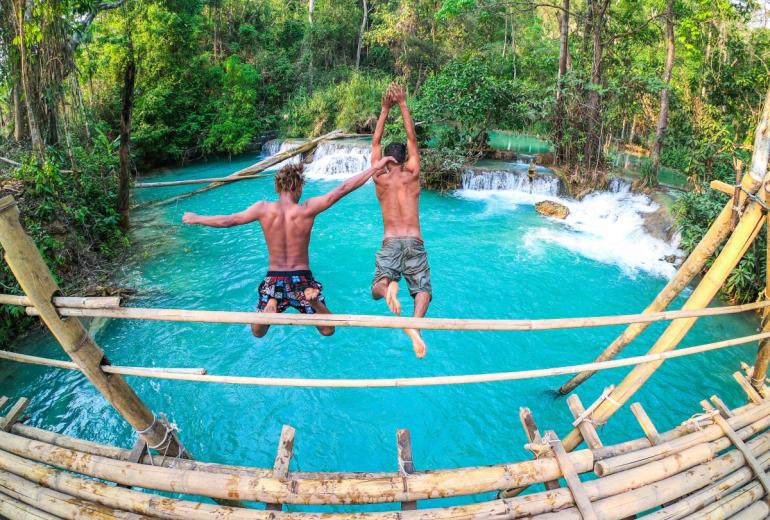 Jumping from one of several bamboo bridges at Nant Mon Gyi in Shan state. (Photos by Iryna Kyrylenko and Dominic Horner)