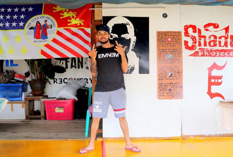 Eminem enthusiast ‘Stan’ stands in his Nyaung Shwe restaurant, which is dedicated to the US rapper. (Photos by Jeremy Burns)