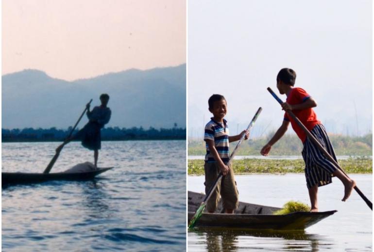 A fisherman on Inle Lake in 1996 and boys on the lake in 2019. (Visit Myanmar and Ben Frederick respectively) 