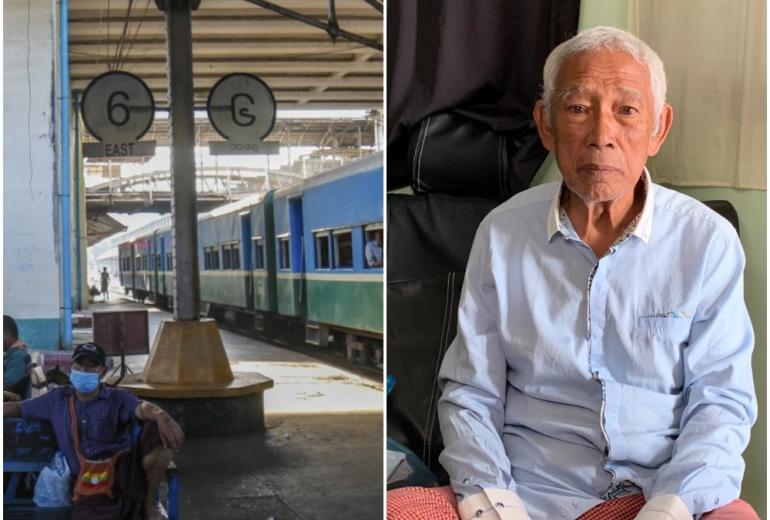 (L-R) A man wearing a mask waits at Yangon Central Railway Station and Myint Hlaing, who has been stranded in Yangon for months. (Supplied)