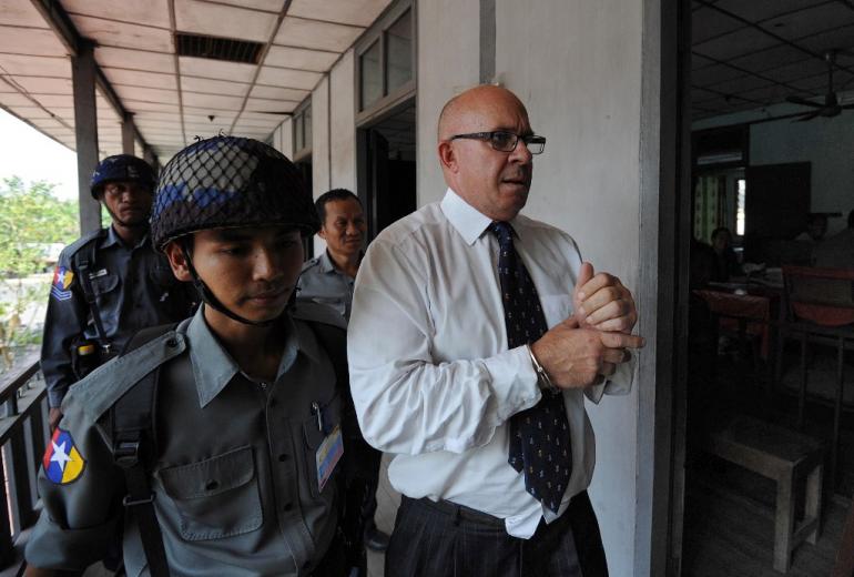 This photo shows Ross Dunkley on March 23, 2011 when the media boss appeared in a Yangon court on a charge of assault. (Soe Than Win / AFP)