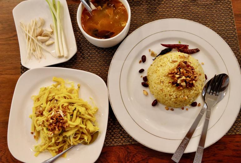 Tofu salad, soup and fried rice mashed with fish at Taungoo Food House. (Myanmar Mix)