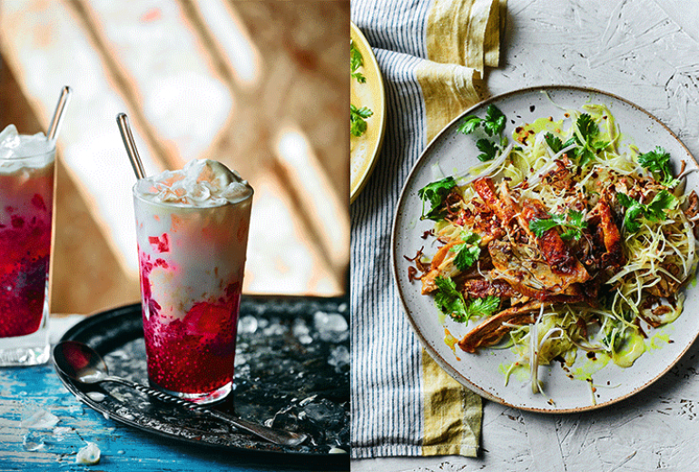 Faluda and kyet thar thoke— Burmese falooda and spiced chicken salad. (Photographs by Martin Poole)