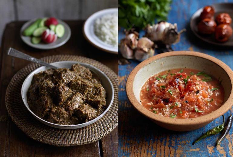 Braised beef curry and charred tomato salsa—two dishes from the new “Mandalay: Recipes & Tales from a Burmese Kitchen." (Cristian Barnett)