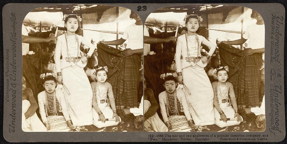 Stereoscopic pair of photographs taken by Underwood &amp; Underwood in 1900 of the star of a theatrical company and two supporting actresses in Mandalay.