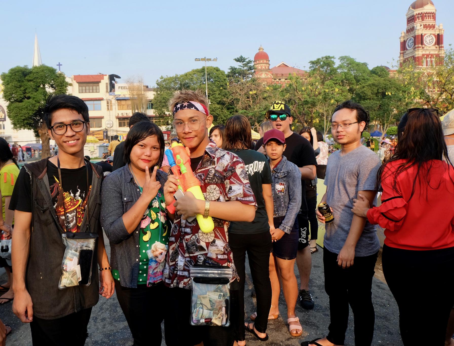 Revellers pose for a photograph at Maha Bandula Park. (Myanmar Mix)