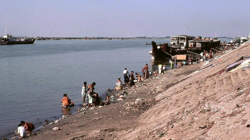 People wash their clothes in the Irrawaddy river in Bagan.