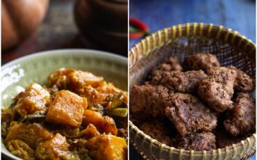 Pumpkin curry and bean fritters—two dishes from “Mandalay: Recipes & Tales from a Burmese Kitchen." (Cristian Barnett)