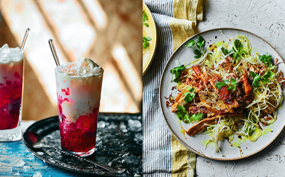 Faluda and kyet thar thoke— Burmese falooda and spiced chicken salad. (Photographs by Martin Poole)