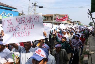  People from Kachin state take part in a protest against the Irrawaddy Myitsone dam project in Waimaw, near the Myitkyina capital of Kachin State, on April 22. (Zau Ring HPRA / AFP)