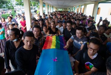People attend the funeral of Kyaw Zin Win, a gay man who took his own life after facing alleged homophobic bullying, in Yangon on June 26, 2019. (Sai Aung Main / AFP)