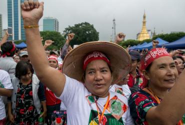 People participate in a protest in support of amendments to the 2008 Myanmar constitution in Yangon on July 17, 2019. (Sai Aung Main / AFP)