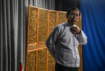 In this photo taken on August 27, 2020, chairman of the Union Solidarity and Development Party (USDP) Than Htay speaks to journalists during an interview at their headquarters in Naypyidaw. (Ye Aung Thu / AFP)