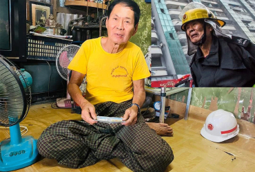 A photo of Yangon firefighter Win Kyi posted on the Needy for Myanmar Facebook page, with an image in the top right corner taken by news outlet The Irrawaddy of the volunteer at the scene of a market blaze last week.