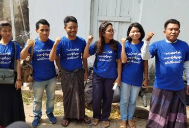 Activists outside Bahan township court in Yangon. (Sithu Aung)
