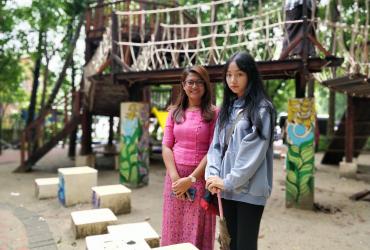 Swe Swe Aung of social enterprise Doh Eain, left, and local teenager Hsu Lin Htet, who helped design the park. (Lorcan Lovett)