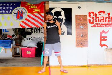 Eminem enthusiast ‘Stan’ stands in his Nyaung Shwe restaurant, which is dedicated to the US rapper. (Photos by Jeremy Burns)