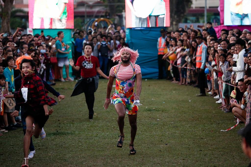  Participants in drag costume compete during the Pride festival in Yangon on January 26. (Sai Aung Main / AFP)