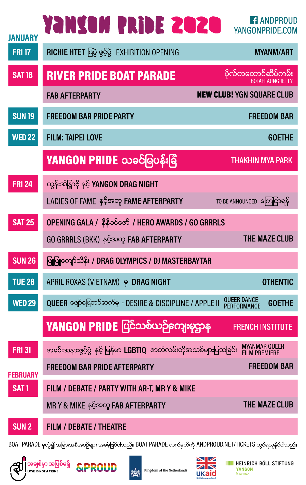The schedule for this year's &PROUD’s festival Yangon Pride.