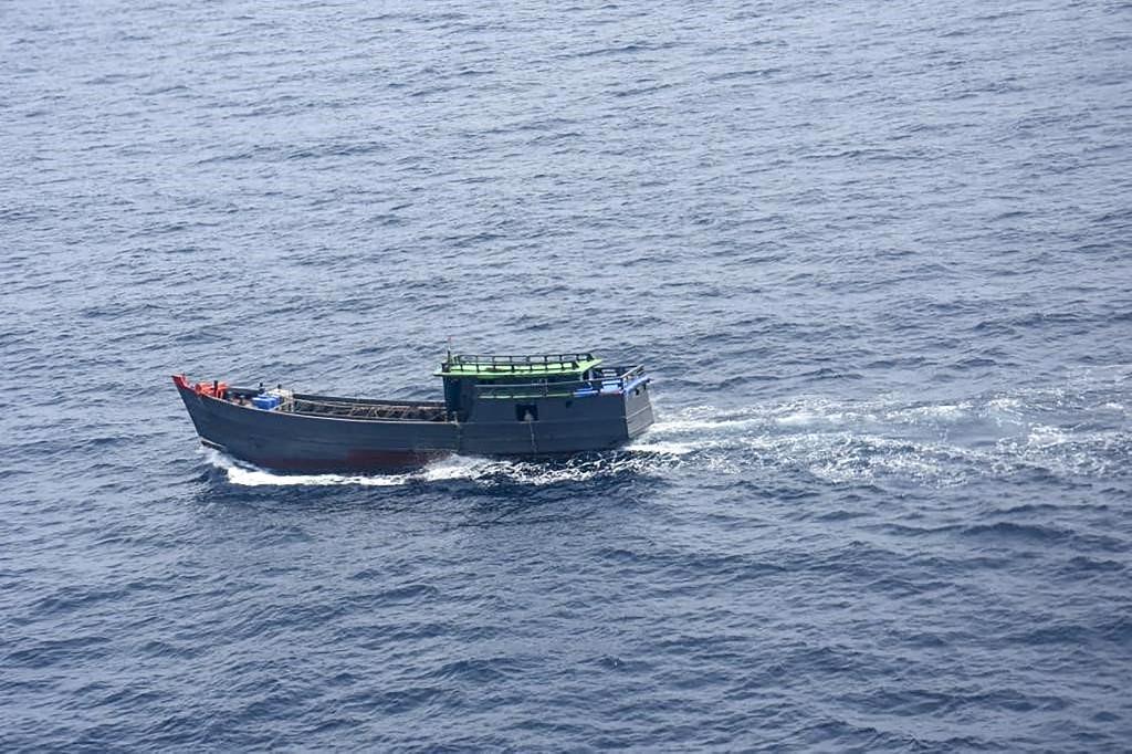 A Myanmar ship, on which the Indian Coast Guard has conducted an operation to seize 1160 kg of Ketamine drug, sails near Car Nicobar Island. (AFP / handout)