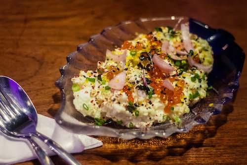 Japanese potato salad with ikura and micro greens. (Leo Jackson)