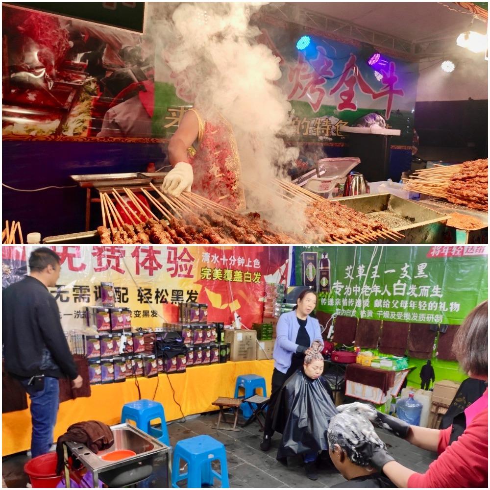 Meat sticks (above) and women getting their hair dyed, another common sight on the streets of Ruili. (Min Pyae Sone)